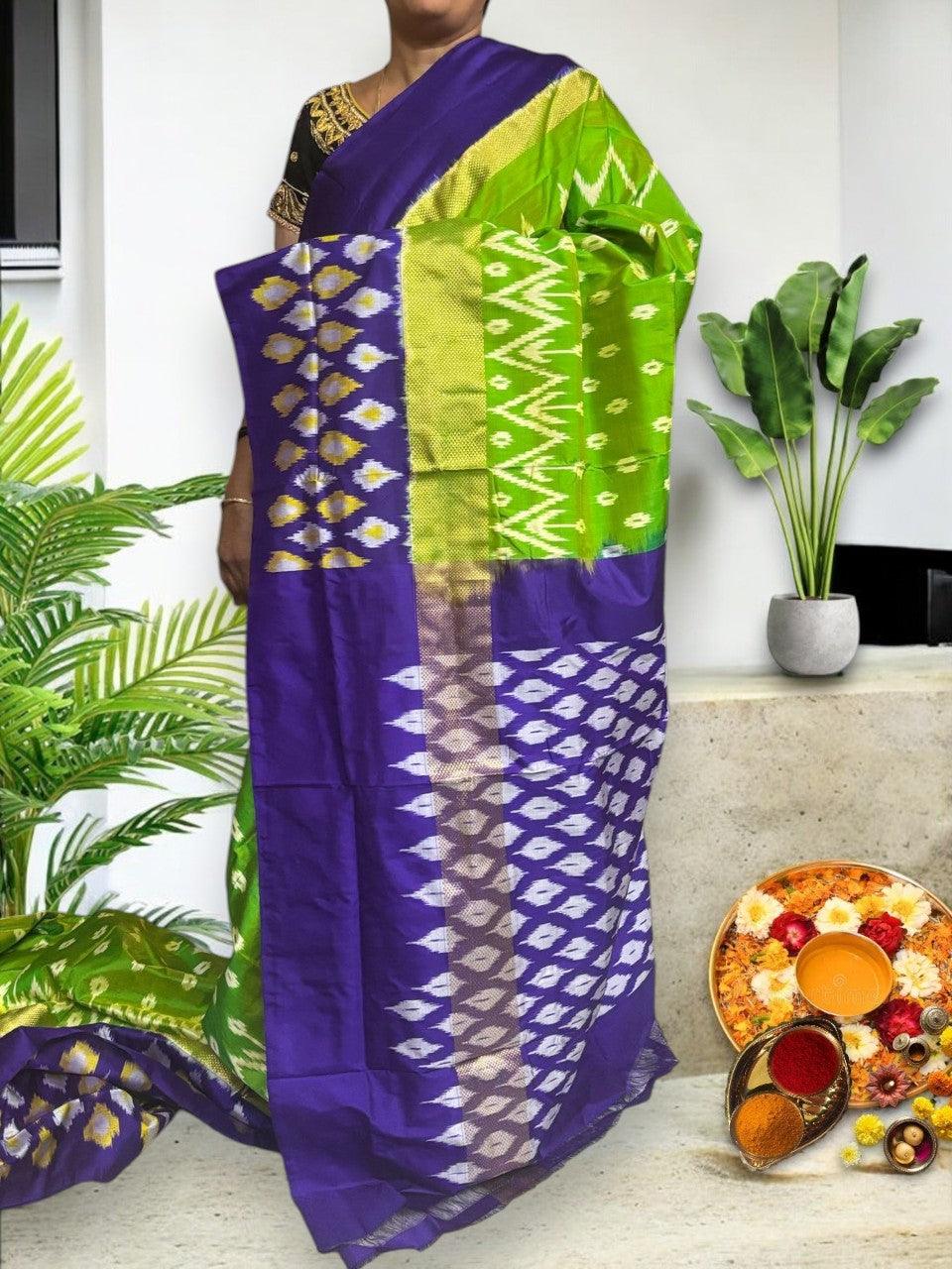 Pure Pochampally Ikkat Silk Green Lavender Sari - pochampallysarees.com
