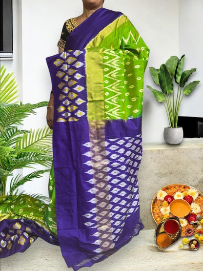 Pure Pochampally Ikkat Silk Green Lavender Sari - pochampallysarees.com