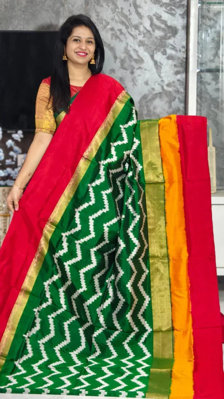 Pure Pochampally Ikkat Silk Green Red Sari - pochampallysarees.com
