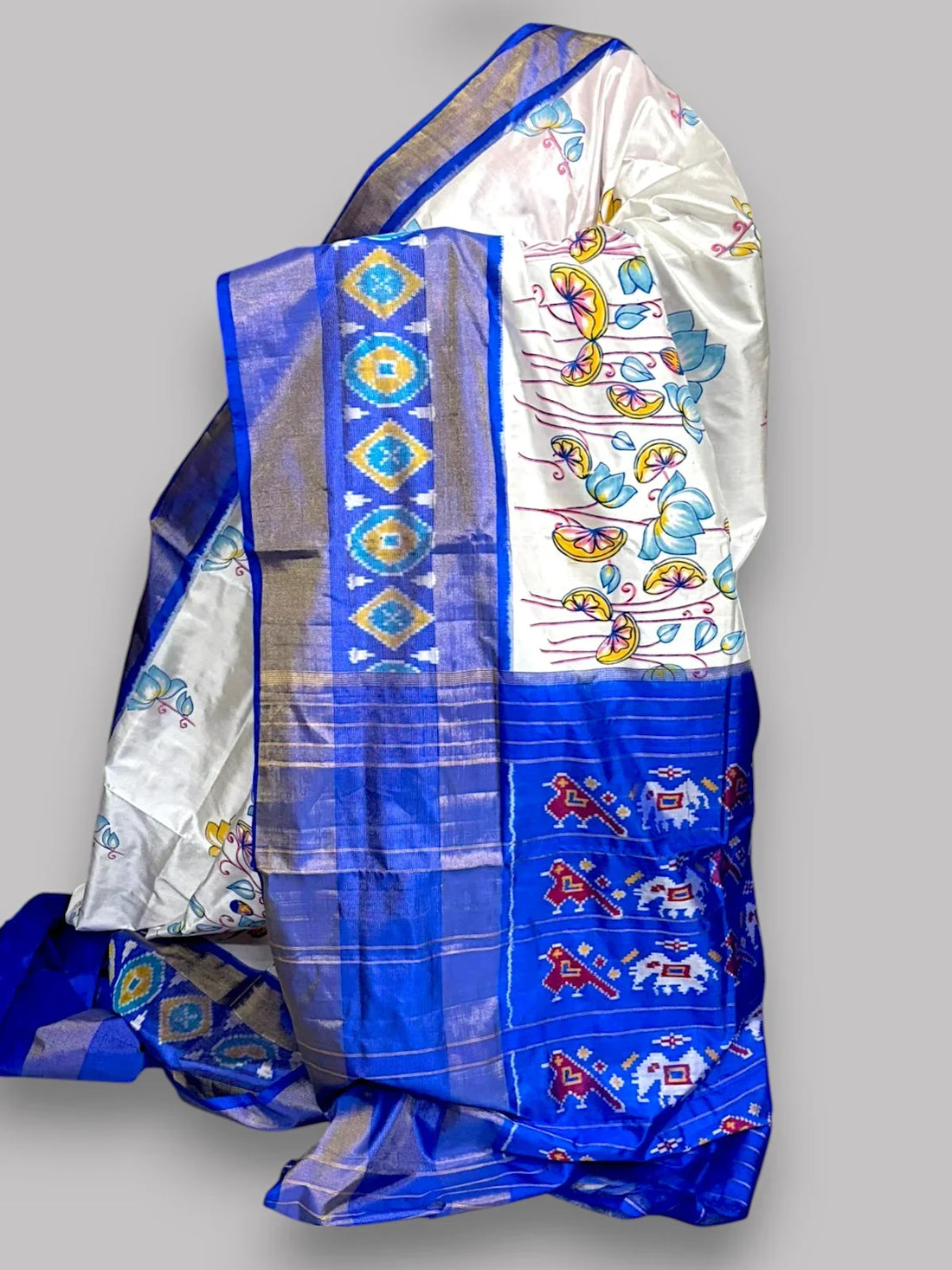 Pure Pochampally Ikkat Silk Kalamkari Designer Blue White Sari - pochampallysarees.com