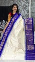 Pure Pochampally Ikkat Silk Kanchi Border Cream Body Ananda Blue Pallu Same Pallu As Blouse - pochampallysarees.com