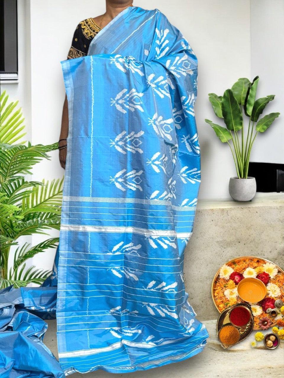 Pure Pochampally Ikkat Silk Light Blue Sari - pochampallysarees.com