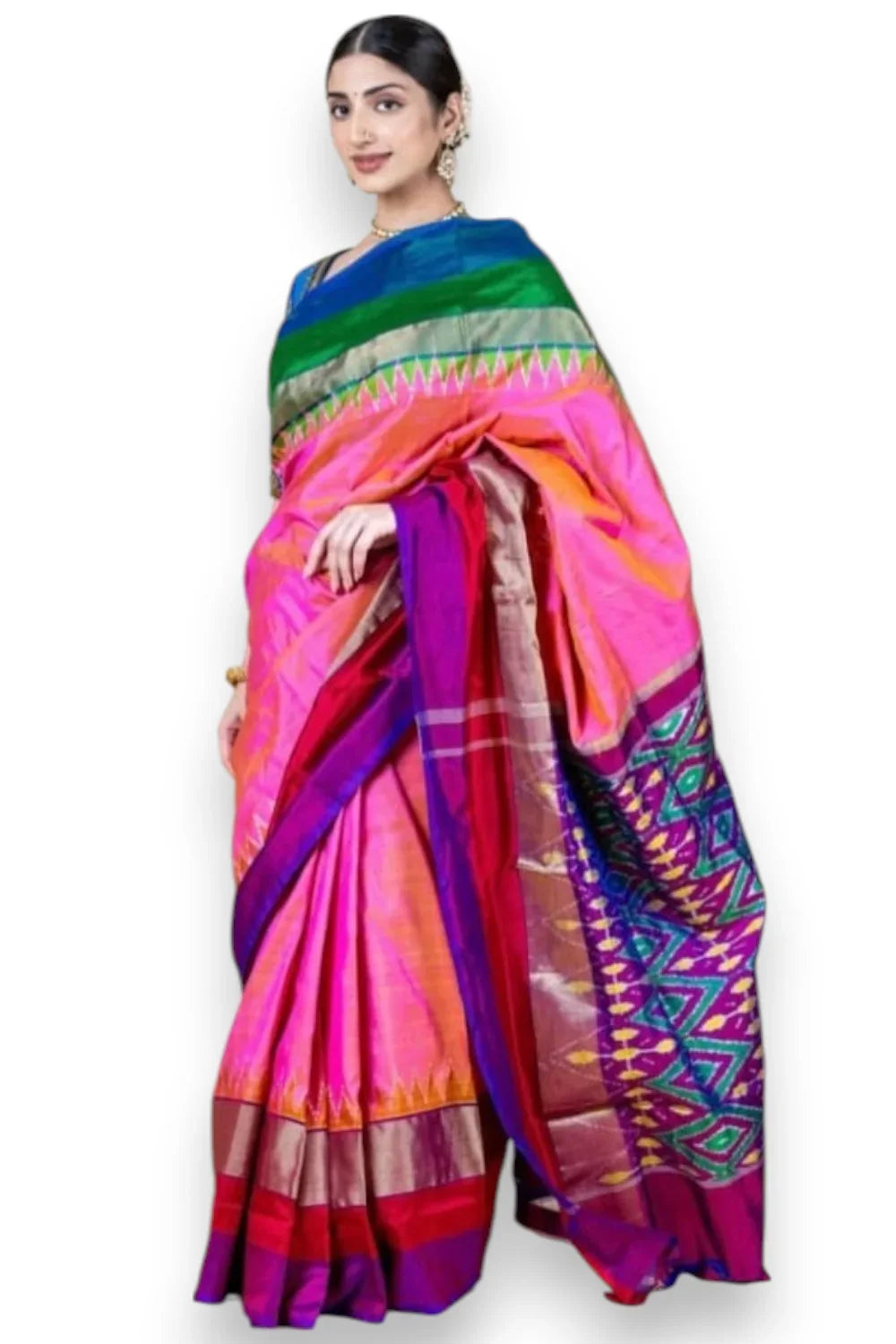 Pure Pochampally Ikkat Silk Light Pink With Purple Sari - pochampallysarees.com