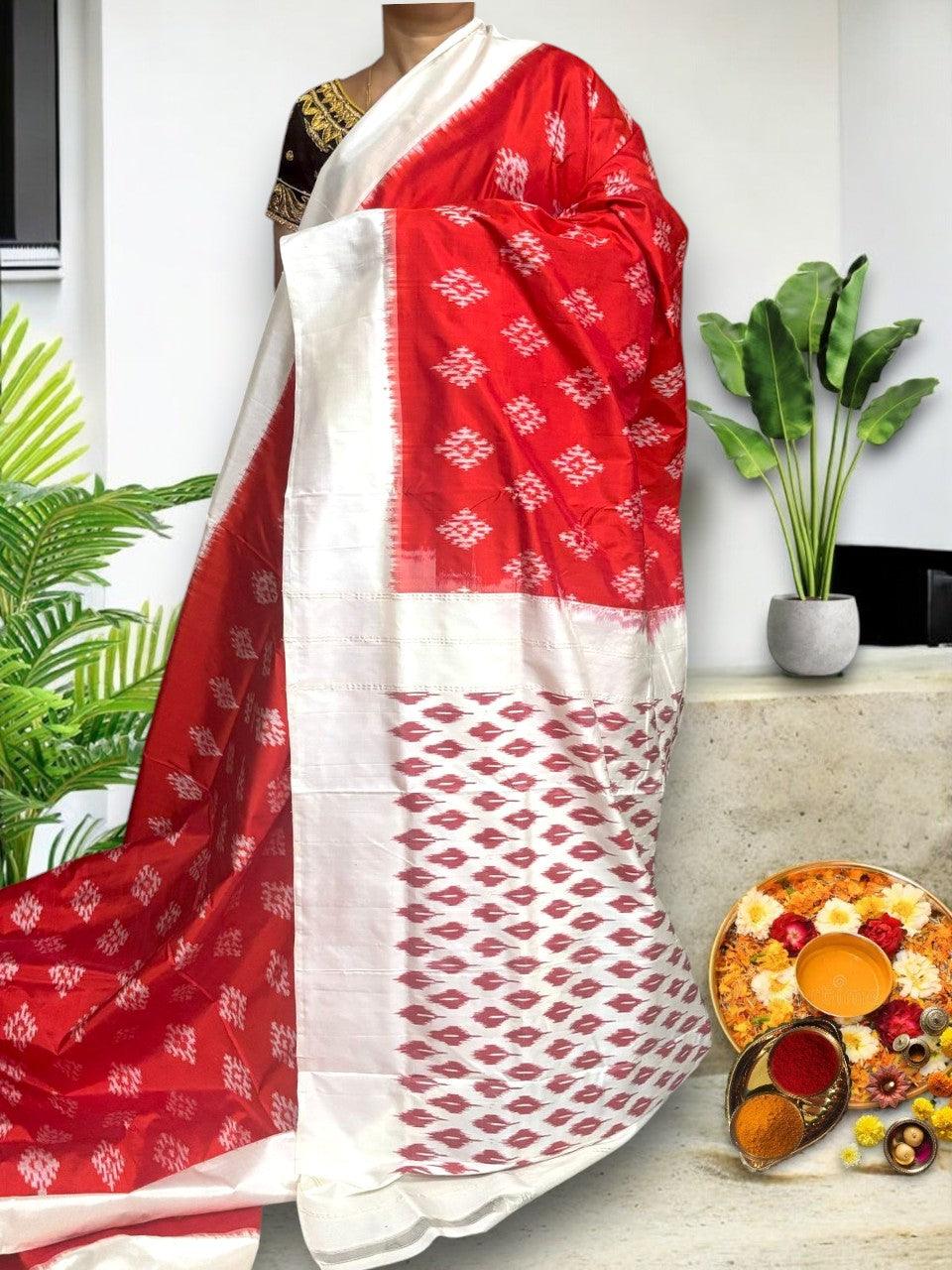 Pure Pochampally Ikkat Silk Red Cream Sari - pochampallysarees.com