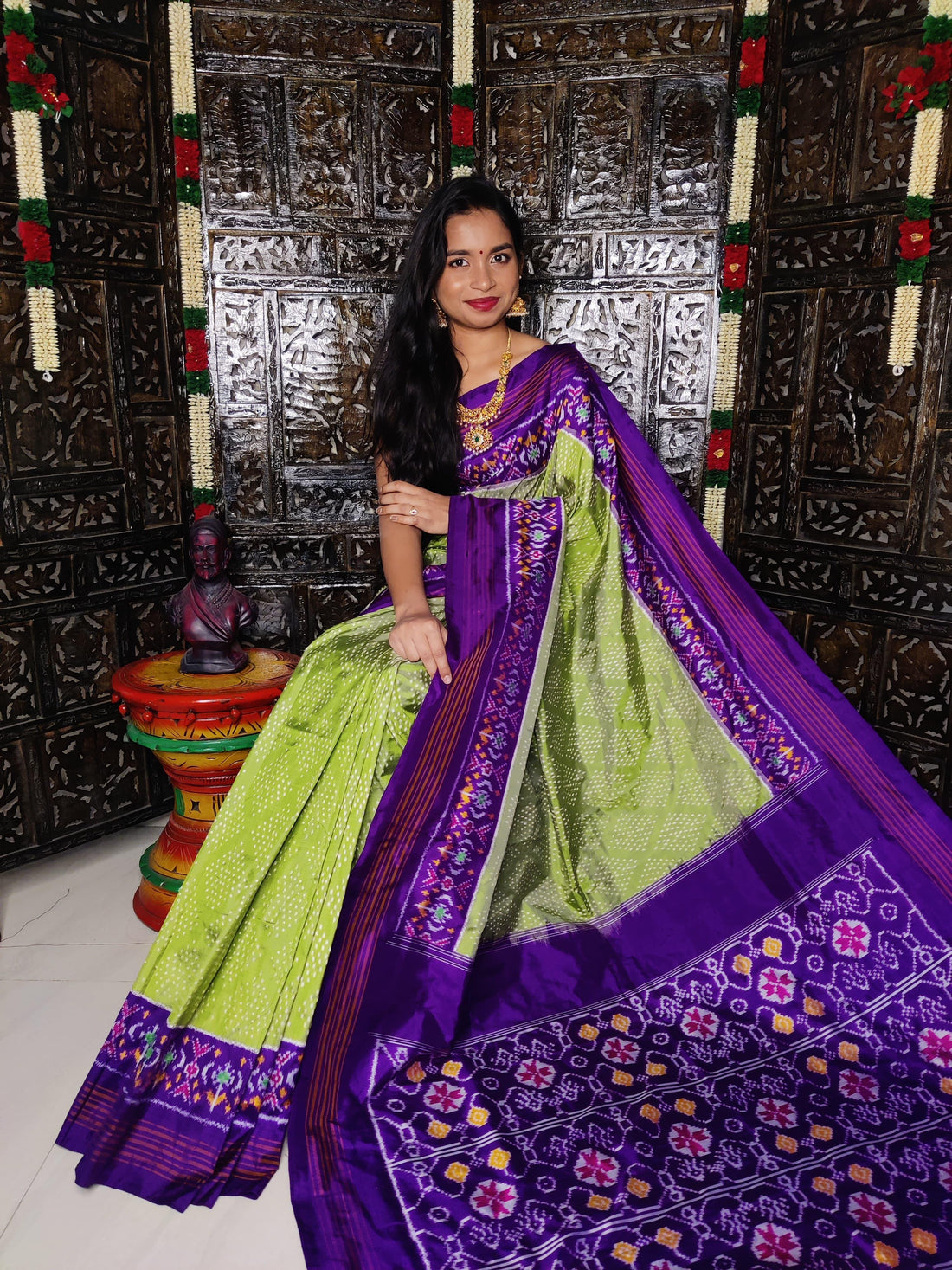 Pure Pochampally Ikkat Silk Sari Olive Green Purple - pochampallysarees.com
