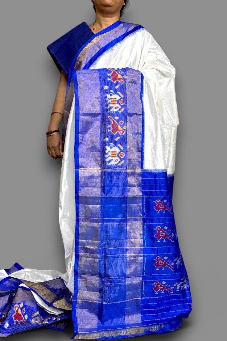 Pure Pochampally Ikkat Silk White Plain Body Blue Pallu Pallu And Blouse - pochampallysarees.com