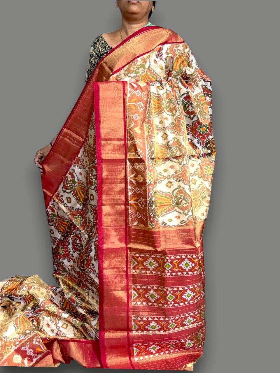Pure Pochampally Ikkat Silk White Red Saree - pochampallysarees.com