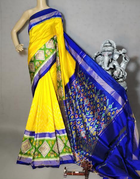 Pure Pochaampally Ikat Silk Yellow Blue saree - pochampallysarees.com