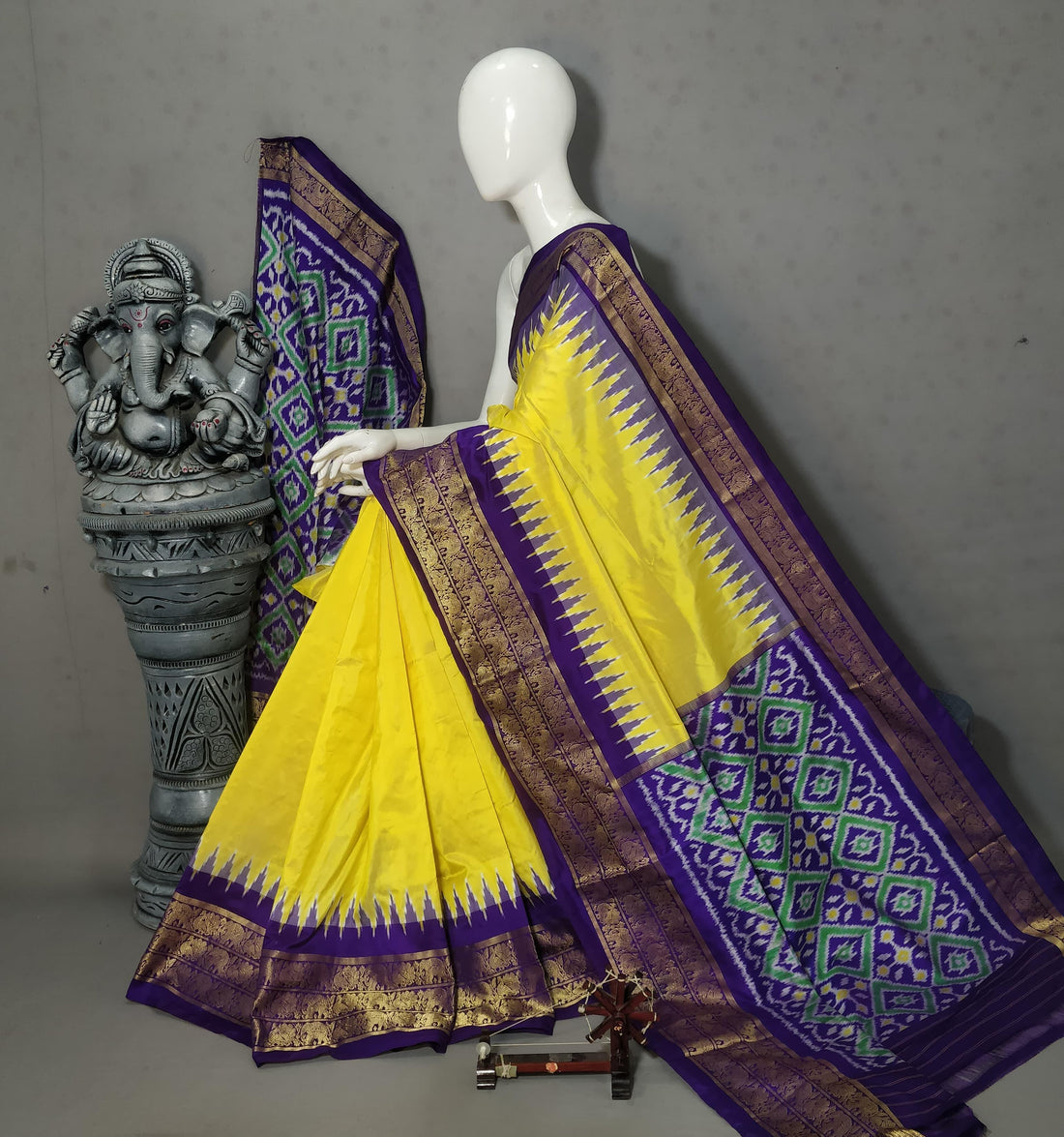 Pure Pochampally Ikkat Silk Yellow Purple Sari - pochampallysarees.com