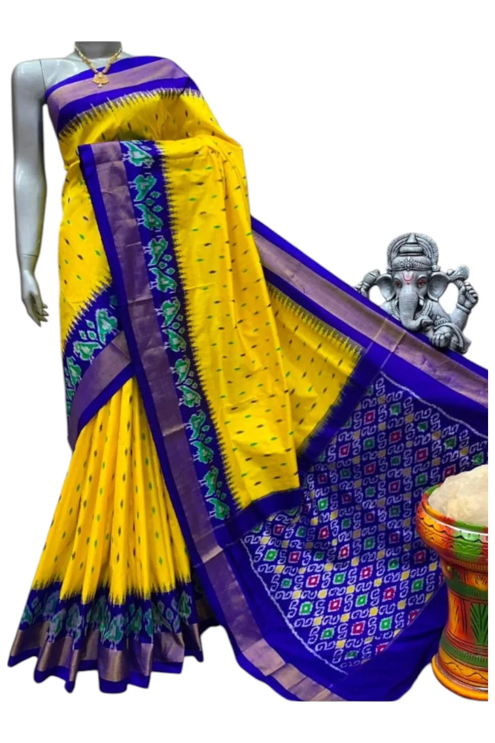 Pure Pochampally Ikkat Silk Yellow With Blue Sari - pochampallysarees.com