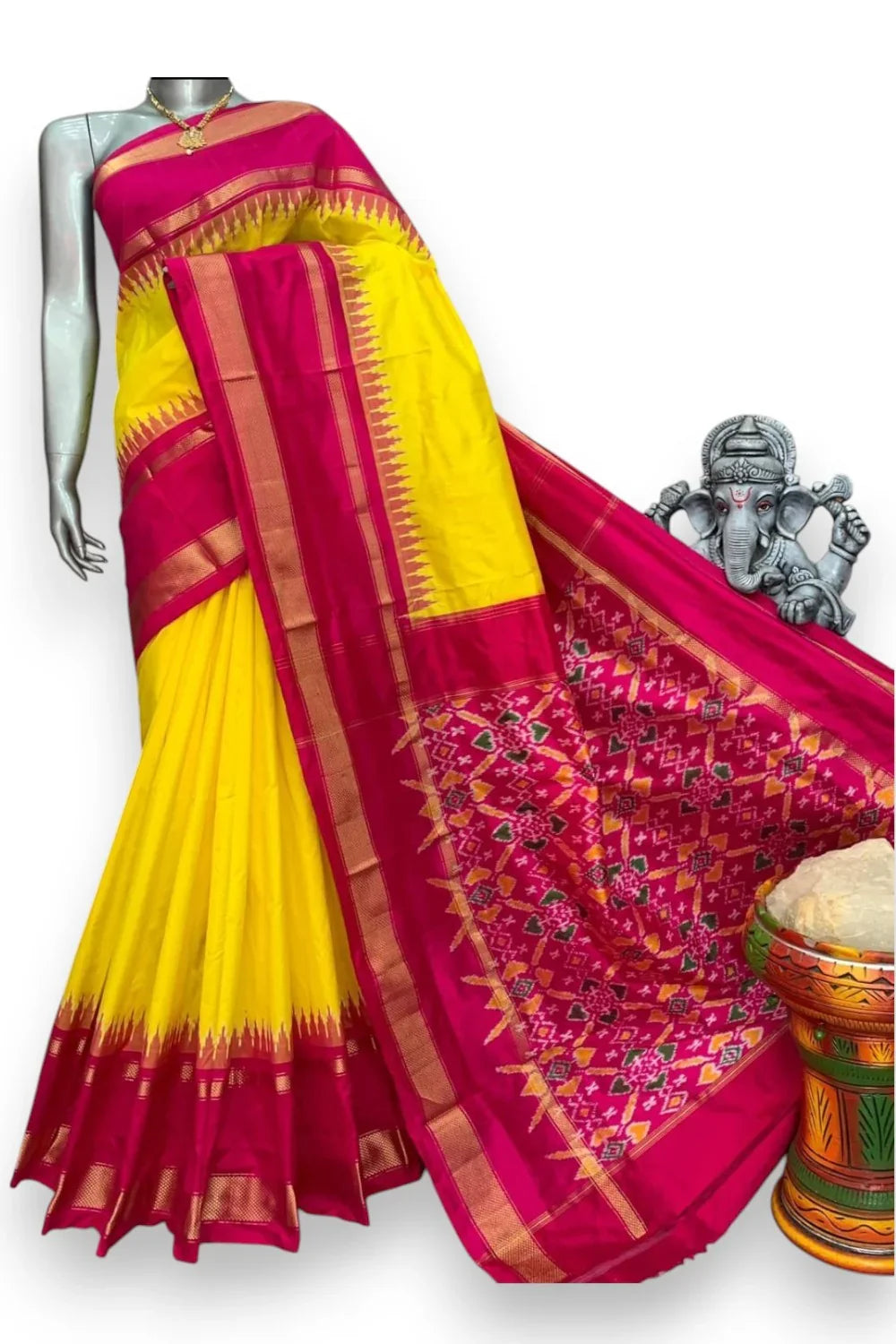 Pure Pochampally Ikkat Silk Yellow With Pink Sari - pochampallysarees.com