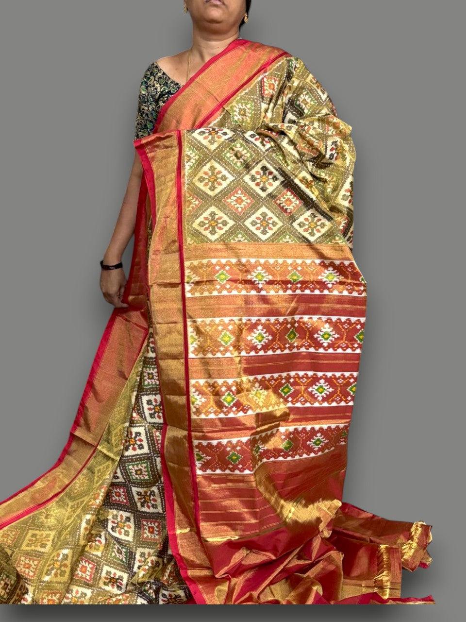 Pure Pochampally Ikkat Tissue Silk Black Red Saree - pochampallysarees.com