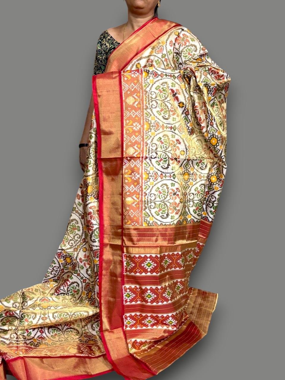 Pure Pochampally Ikkat Tissue Silk White Red Saree Online - pochampallysarees.com