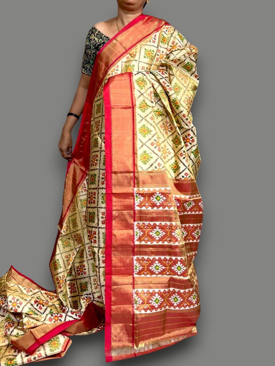 Pure Pochampally Ikkat Tissue Silk White Red Saree Online - pochampallysarees.com