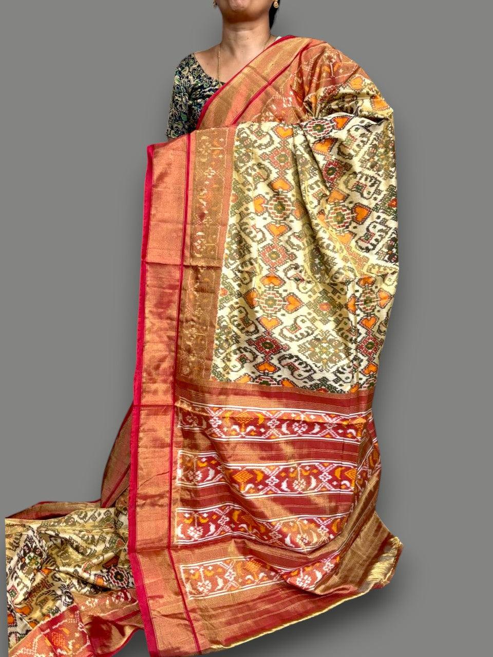 Pure Pochampally Ikkat Tissue Silk White Red Saree Online - pochampallysarees.com