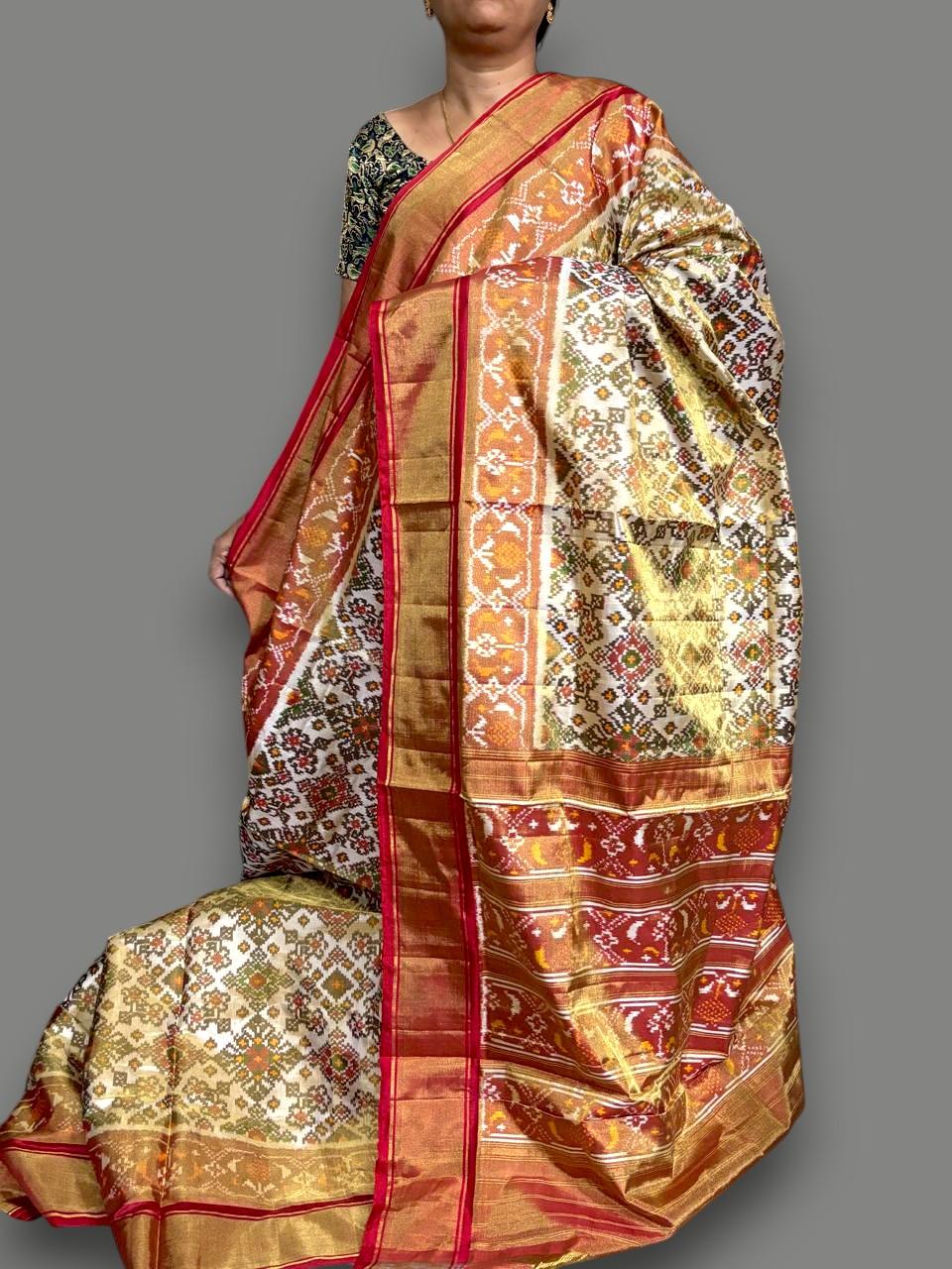 Pure Pochampally Ikkat Tissue Silk White Red Saree Online - pochampallysarees.com