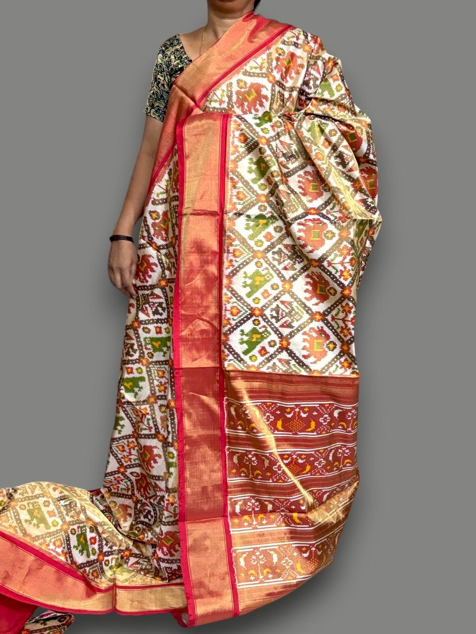 Pure Pochampally Ikkat Tissue Silk White Red Saree - pochampallysarees.com
