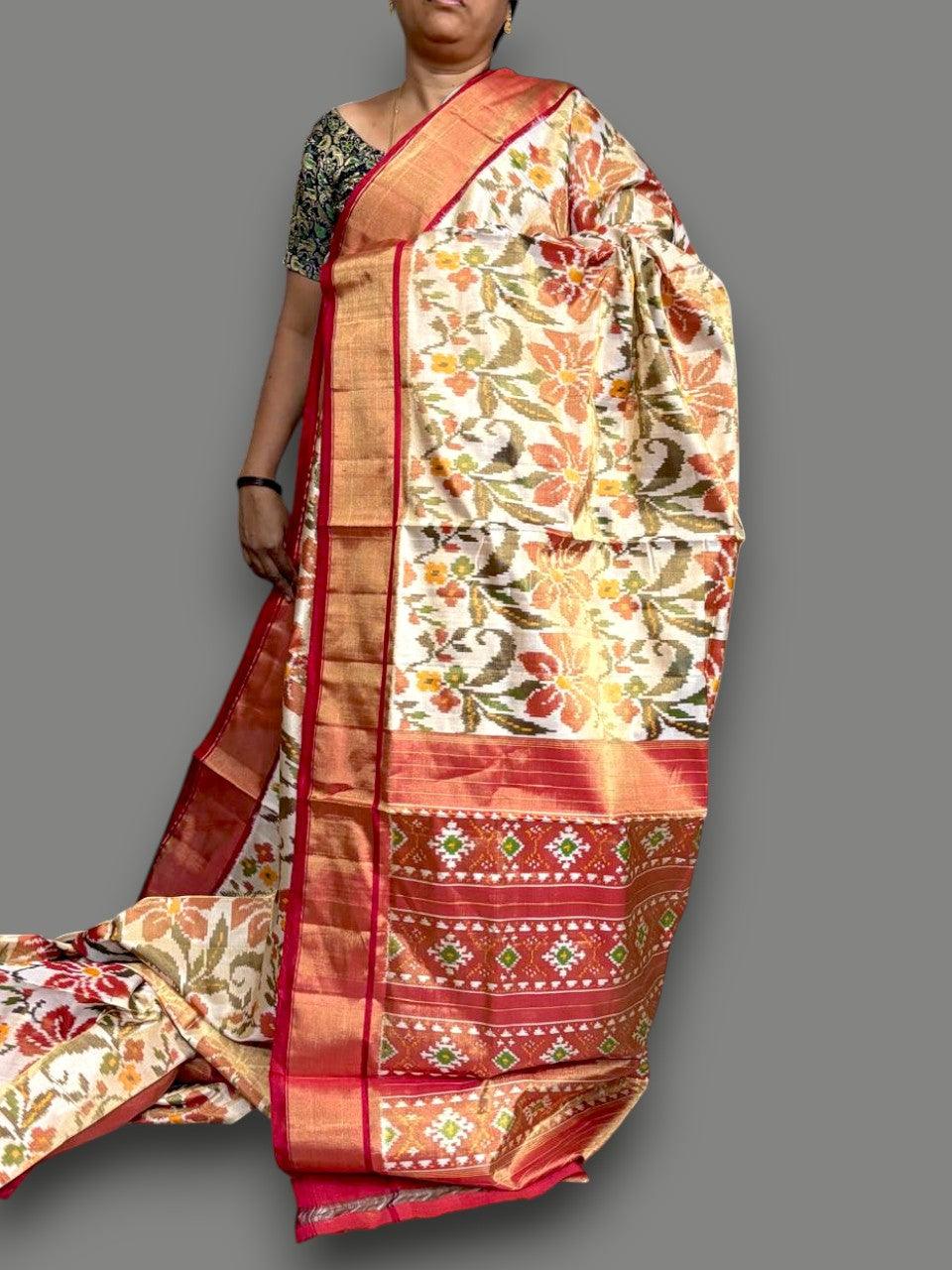 Pure Pochampally Ikkat Tissue Silk white Red Saree - pochampallysarees.com