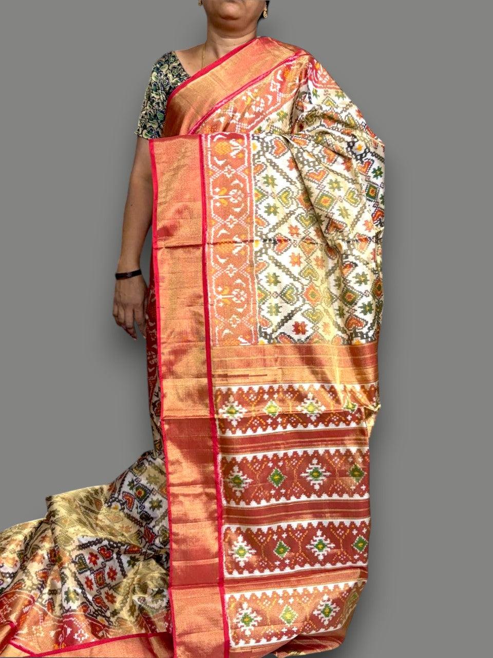 Pure Pochampally Ikkat Tissue Silk White Red Saree - pochampallysarees.com