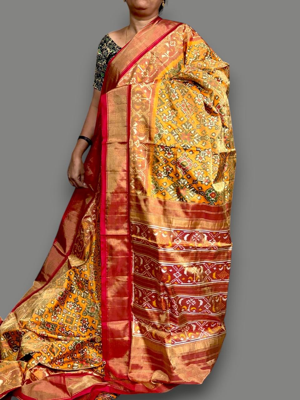 Pure Pochampally Ikkat Tissue Silk Yellow Red Saree Online - pochampallysarees.com