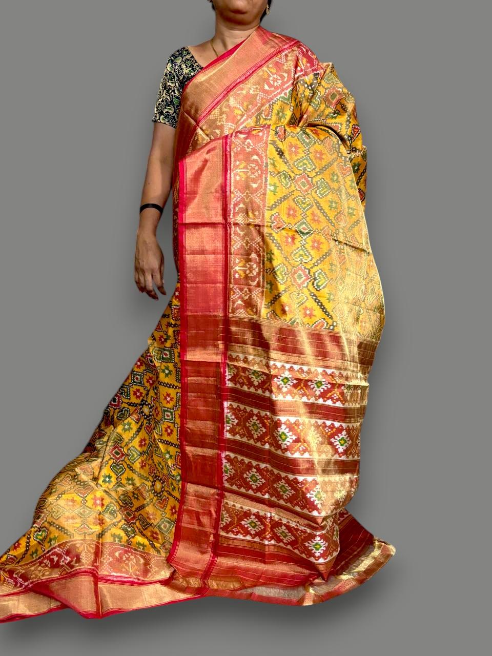 Pure Pochampally Ikkat Tissue Silk Yellow Red Saree - pochampallysarees.com