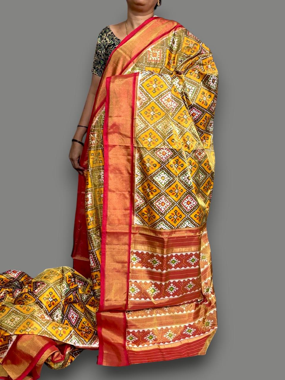 Pure Pochampally Ikkat Tissue Silk Yellow Red Saree - pochampallysarees.com