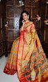 Pure Pochampally Ikkat Tissue Silk Yellow Red Sari - pochampallysarees.com