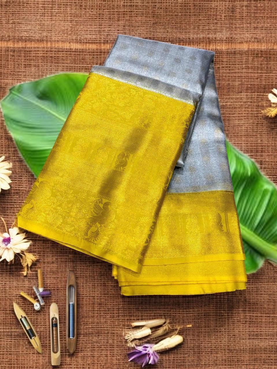 PURE SOFT SILK KANCHI BORDER YELLOW MIDDLE GRAY - pochampallysarees.com
