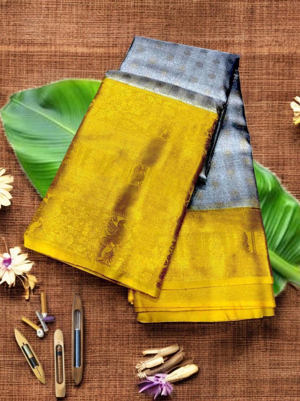 PURE SOFT SILK KANCHI BORDER YELLOW MIDDLE GRAY - pochampallysarees.com