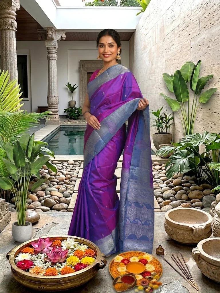 Beautiful Indian model in a pure soft silk purple saree with a blue Zari border and paisley pallu posing in a traditional courtyard setting.