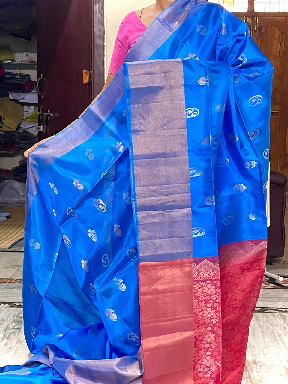 PURE SOFT SILK SAREE ANANDA BLUE AND RED WITH ALLOVER ZARI WEAVES BUTTAS IN BORDER TISSUE STYLE - pochampallysarees.com