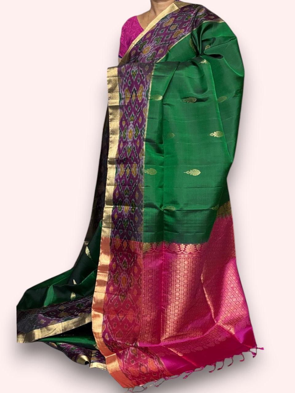 PURE SOFT SILK SAREE GREEN AND PINK WITH ALLOVER ZARI WEAVES BUTTAS IN BORDER KANCHI STYLE - pochampallysarees.com