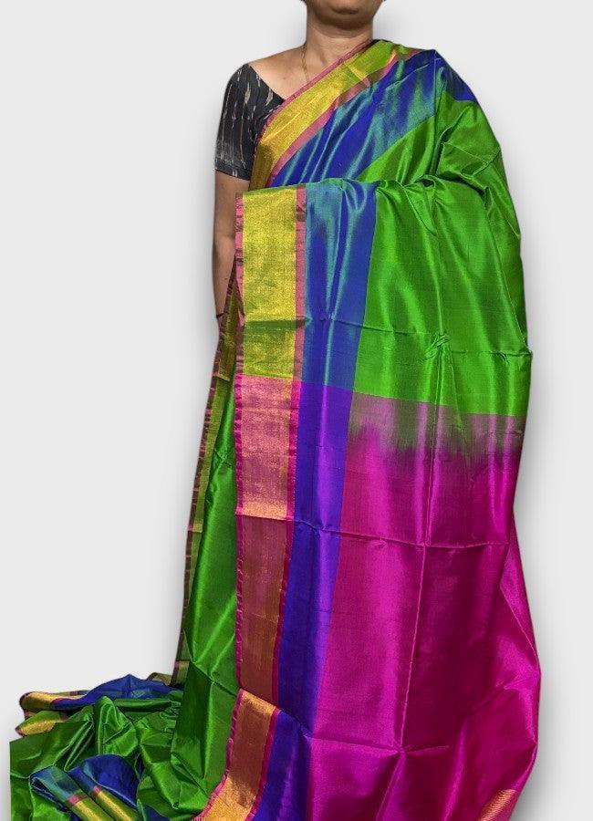 PURE SOFT SILK SAREE GREEN BODY PLAIN AND PINK - pochampallysarees.com