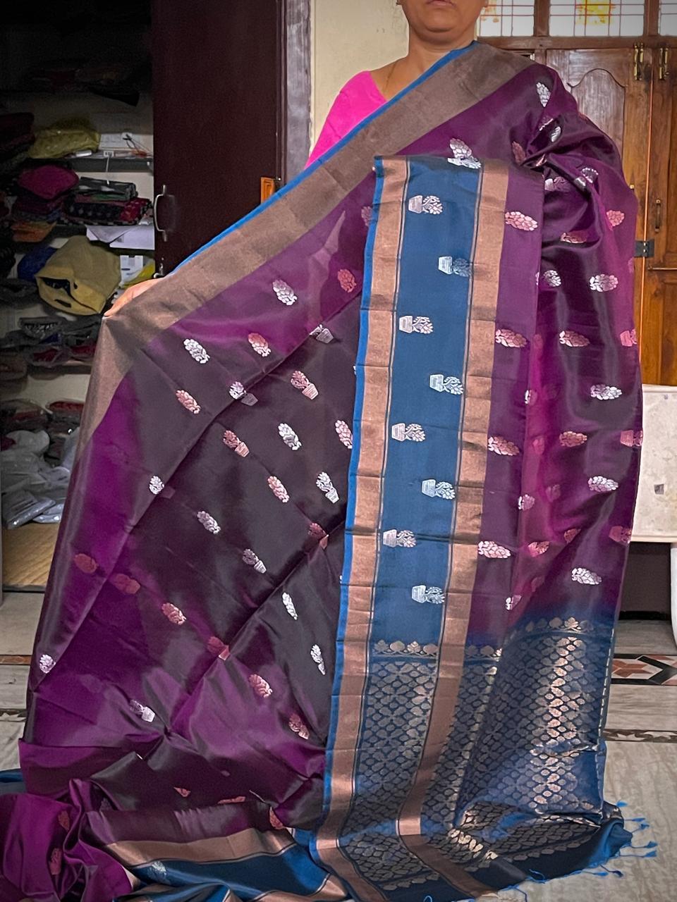 PURE SOFT SILK SAREE LAVENDER AND BLUE WITH ALLOVER ZARI WEAVES BUTTAS IN BORDER TISSUE STYLE - pochampallysarees.com