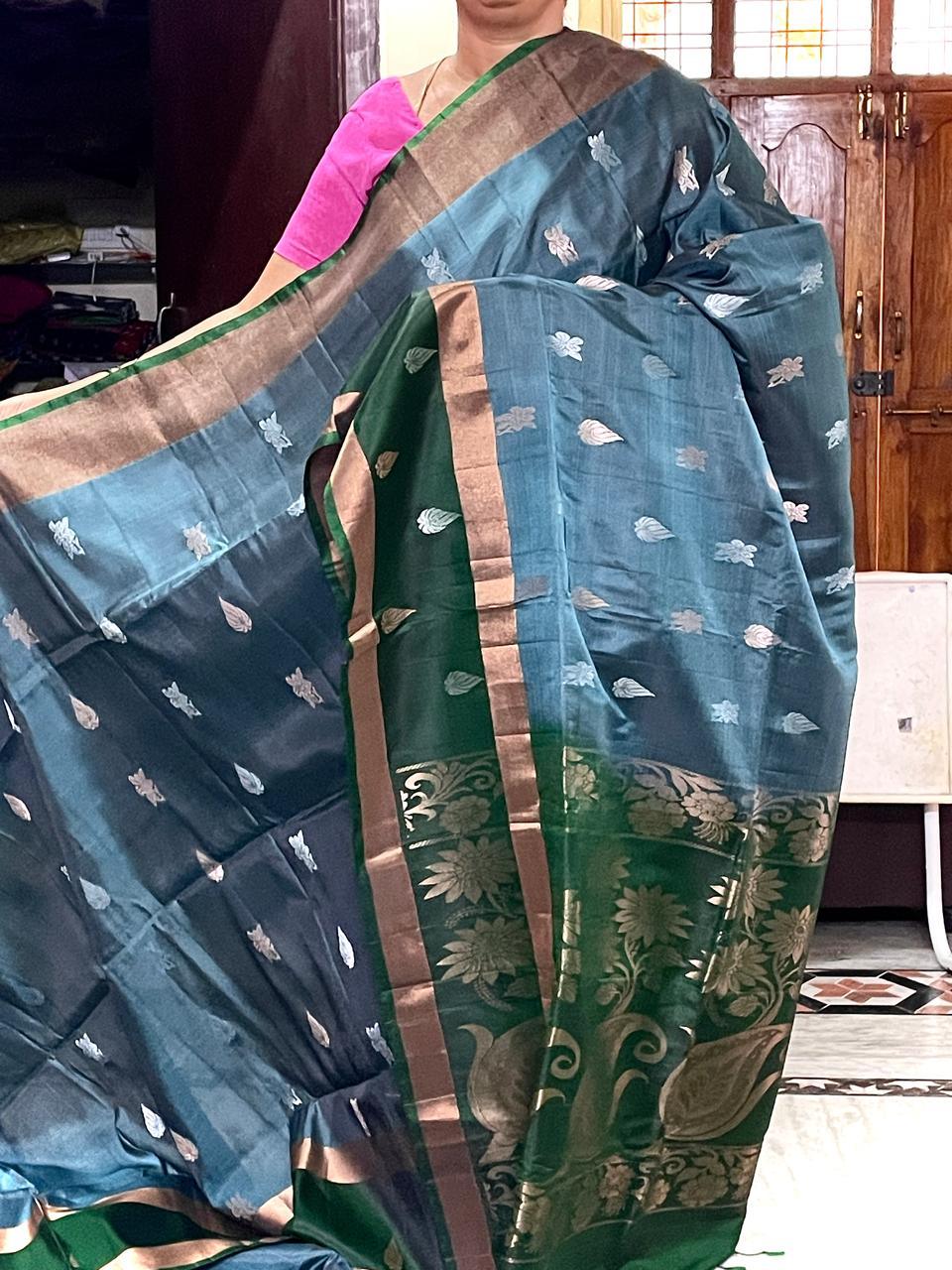 PURE SOFT SILK SAREE LIGHT BLUE AND GREEN WITH ALLOVER ZARI WEAVES BUTTAS IN BORDER TISSUE STYLE - pochampallysarees.com