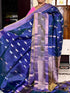 PURE SOFT SILK SAREE NAVY BLUE AND YELLOW WITH ALLOVER ZARI WEAVES BUTTAS IN BORDER TISSUE STYLE - pochampallysarees.com