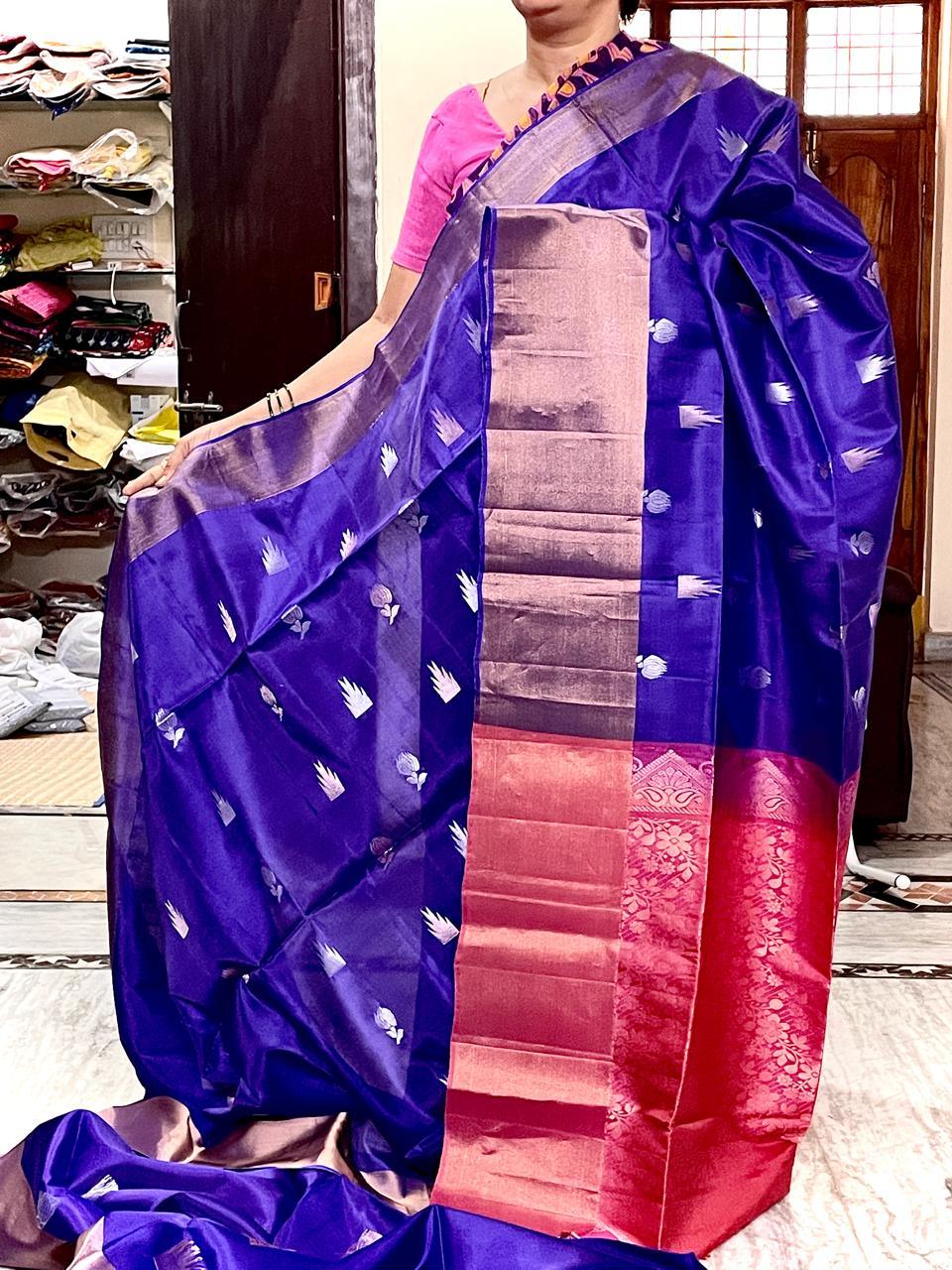 PURE SOFT SILK SAREE VOILET AND PINK WITH ALLOVER ZARI WEAVES BUTTAS IN BORDER TISSUE STYLE - pochampallysarees.com