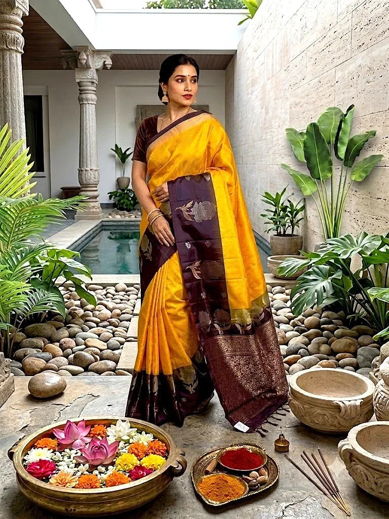 Model wearing a yellow soft silk saree with a dark chocolate brown floral zari border and matching chocolate brown blouse