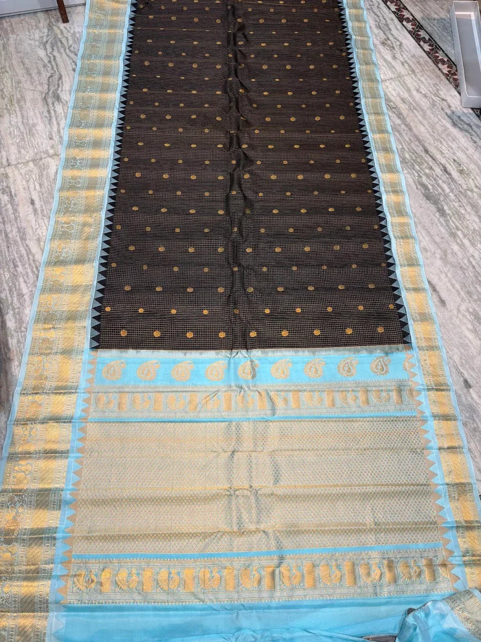 Pure Gadwal Silk Saree in Black &amp; Pastel Blue | Gold Zari Checks &amp; Rich Temple Border Pallu | Traditional Handloom Pattu Saree for Weddings &amp; Festivals - pochampallysarees.com