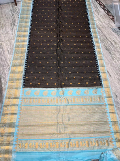 Pure Gadwal Silk Saree in Black &amp; Pastel Blue | Gold Zari Checks &amp; Rich Temple Border Pallu | Traditional Handloom Pattu Saree for Weddings &amp; Festivals - pochampallysarees.com