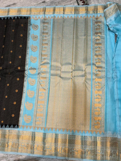 Pure Gadwal Silk Saree in Black &amp; Pastel Blue | Gold Zari Checks &amp; Rich Temple Border Pallu | Traditional Handloom Pattu Saree for Weddings &amp; Festivals - pochampallysarees.com