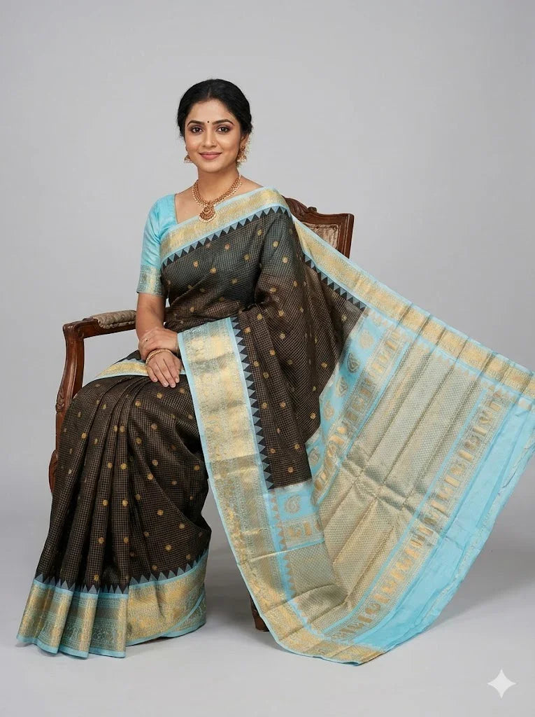 Pure Gadwal Silk Saree in Black &amp; Pastel Blue | Gold Zari Checks &amp; Rich Temple Border Pallu | Traditional Handloom Pattu Saree for Weddings &amp; Festivals - pochampallysarees.com