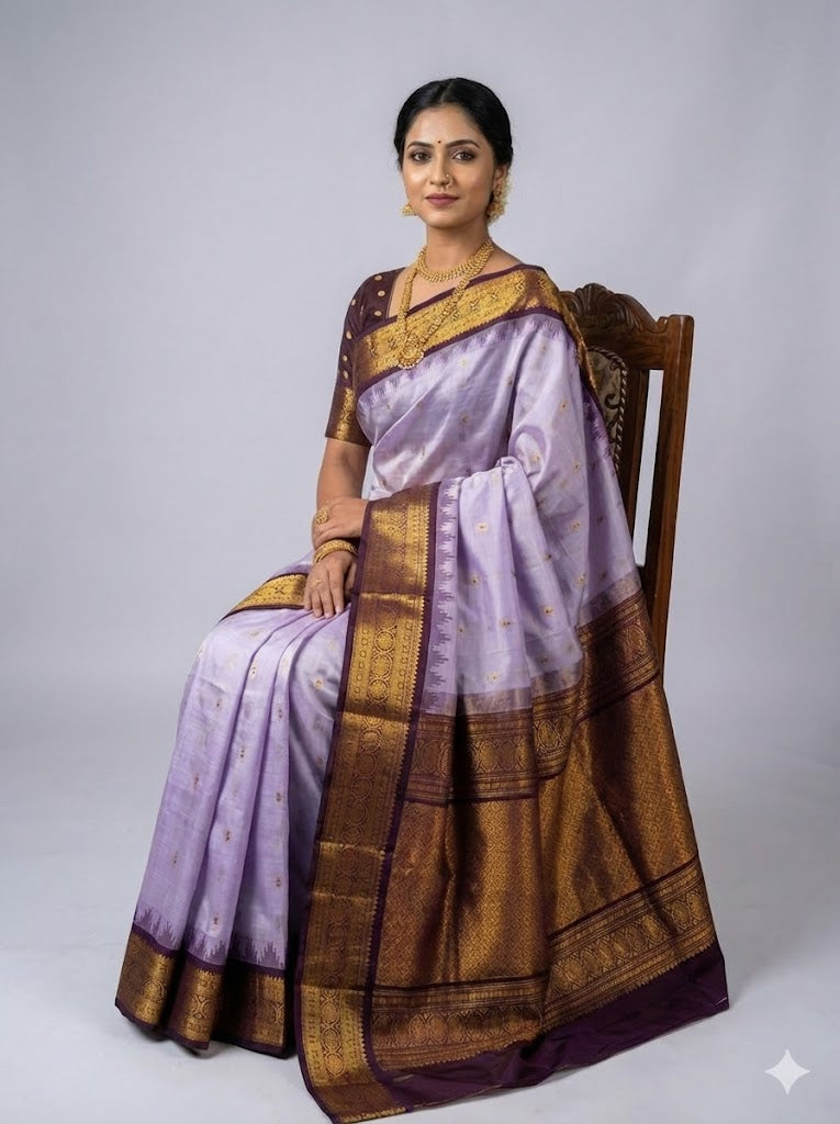Pure Gadwal Silk Saree in Lavender &amp; Deep Purple with Rich Gold Zari Brocade Pallu | Traditional Handloom Pattu Saree for Weddings &amp; Festivals - pochampallysarees.com