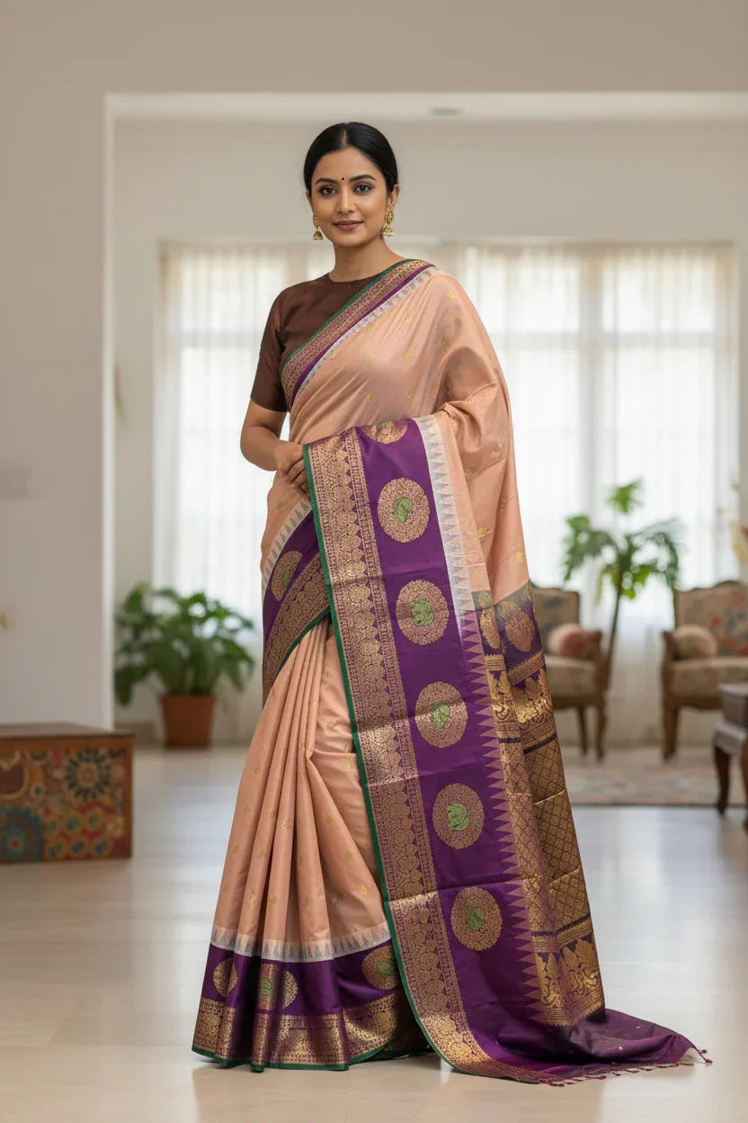 GADWAL SILK BEIGE CHOCOLATE SARI - pochampallysarees.com