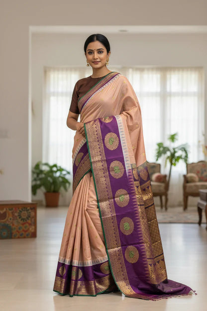 GADWAL SILK BEIGE CHOCOLATE SARI - pochampallysarees.com