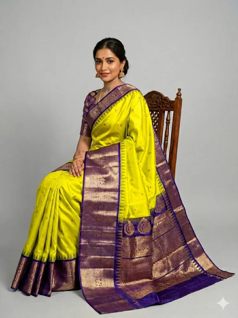 Authentic Pure Gadwal Silk Saree - Vibrant Yellow with Dark Lavender Gold Zari Border | Traditional Festive Wear - pochampallysarees.com