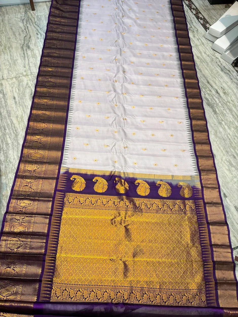 Pure Gadwal Silk Saree in Pearl White &amp; Deep Purple | Rich Gold Zari Temple Border | Traditional Handloom Wedding Pattu Saree - pochampallysarees.com