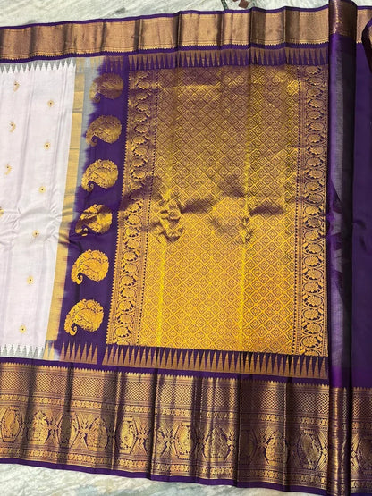 Pure Gadwal Silk Saree in Pearl White &amp; Deep Purple | Rich Gold Zari Temple Border | Traditional Handloom Wedding Pattu Saree - pochampallysarees.com