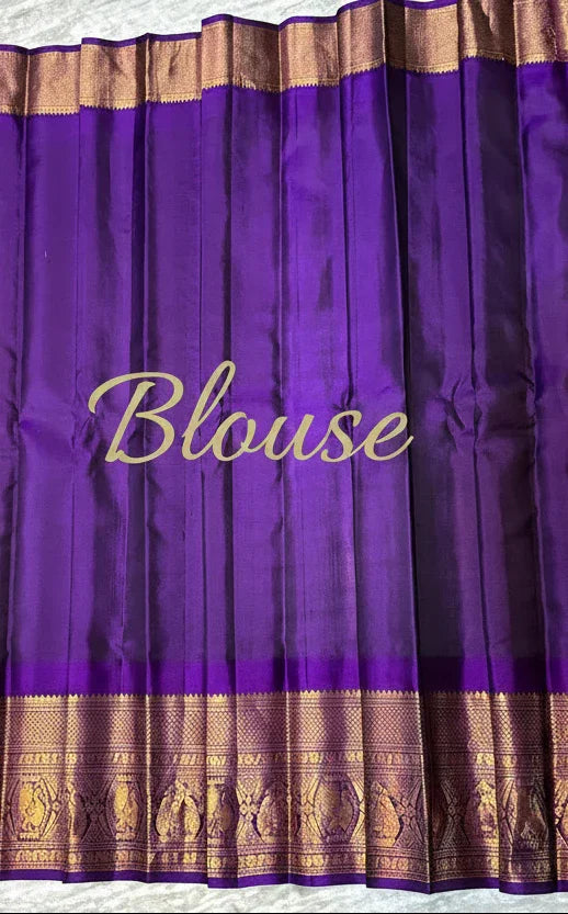 Pure Gadwal Silk Saree in Pearl White &amp; Deep Purple | Rich Gold Zari Temple Border | Traditional Handloom Wedding Pattu Saree - pochampallysarees.com