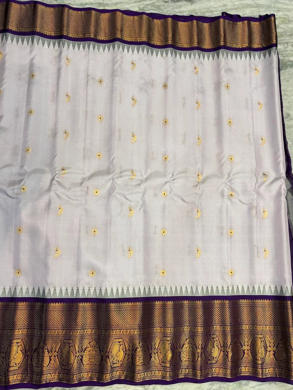 Pure Gadwal Silk Saree in Pearl White &amp; Deep Purple | Rich Gold Zari Temple Border | Traditional Handloom Wedding Pattu Saree - pochampallysarees.com